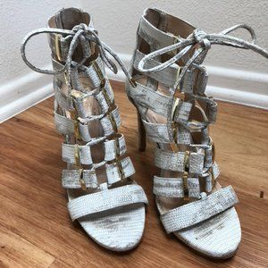 White Stiletto Pumps with Gold Accent & Tie